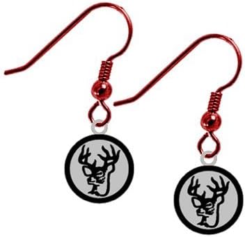Deer Black/Silver Metal Logo on Premium Red Dangle Hook Earrings