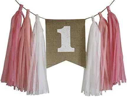 FIRST Birthday Baby Girl Rustic High Chair Burlap Banner PINK
