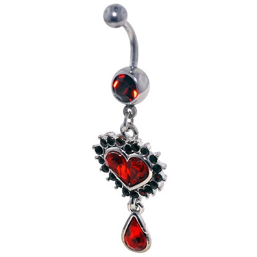 Red Crystal Heart And Teardrop Dangle Belly Ring