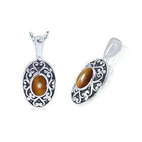 Oval Cabochon Tigereye Bead Bali Pendant Sterling Silver by 