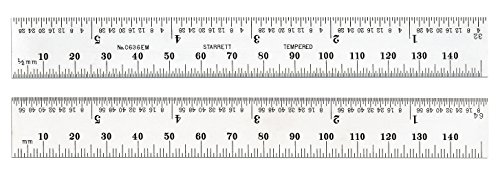Starrett C636EM-6 Spring Tempered Steel Rule With Inch And Millimeter Graduations, 6" Length, 19mm Width, 1.2mm Thickness