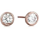 Rose Goldtone Finish Silver Bezel Martini Set Cubic Zirconia Studs (0.9 cttw)