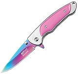 M-tech Ballistic Action Assist Rainbow Knife 4" Pink Inlay Handle. Mt-a824rpk