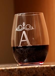 Set of 4 Etched Monogram 16 oz. Stemless Wine Glasses - T