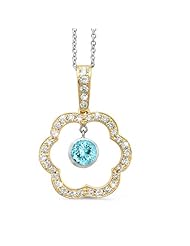 Open Carnation Floral Diamond Pendant With A Round Center Stone In 18K Yellow Gold With A 0.45 ct. Genuine aquamarine Center Stone.