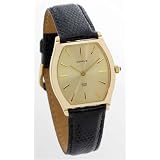 Geneve Gold Watch Mens Model GE-2114-CSBR Solid 14 Karat Gold Watch with Black Leather Strap. 