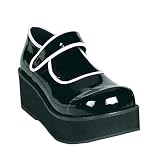 2 1/4 Inch Sexy Gothic Shoes Womens Mary Jane Shoes Black Patent / White Trim