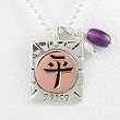 Rectangular Chinese Peace Pendant in Sterling Silver and Copper with Pearl and Amethyst Beads on 18" Ball Chain, #8686