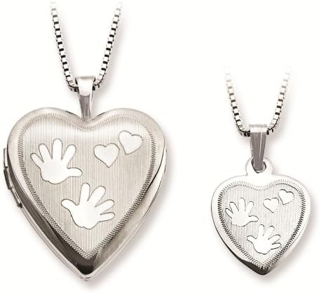 Just Like Mommy Sterling Silver Polished Satin Hand and Hearts Locket & Pendant Set