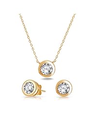 Bling Jewelry Gold Vermeil CZ Bezel Set Round Solitaire Necklace Earrings Set