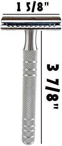 The "English" Long Handle Stainless Steel Double Edge Safety Razor + 5 Stainless Steel Razor Blades From the Handlebar Shaving Company ★ The "English" Razor Has a 3 7/8 Inch Stainless Steel Handle and a Medium Aggressive Head for a Safe and Close Shave