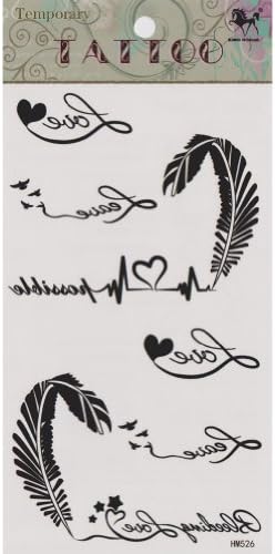 MagicPieces Temporary Tattoo Fake Tattoo Waterproof Non-toxic Tattoo Sticker with Black Loving Heart From Feather Pattern Size 3.06"X5.13"