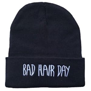 Knit Black Bad Hair Day Beanie Hat Letter Beanie