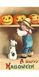 A Happy Halloween, Dog and Boy with Jack O'Lanterns Art Poster Print, 11x17