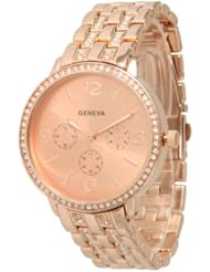 Womens Geneva Rhinestone-accented Chronograph Style Metal Watch - Rose Gold
