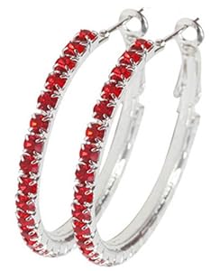 Diamond Hoop Earring - Silver w/ Red Cubic Zirconias - Cubic Zirconia Studded...