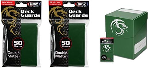 COMBO- BCW GREEN Large Deck Case plus 2x 50ct Pks (100) of GREEN Double Matte Deck Guard Sleeves for Collectable Gaming Cards like Magic The Gathering MTG, Pokemon, YU-GI-OH!, &amp; More. Dragon Graphic on BOX.