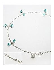 Deep Sky Blue Heart CZ Anklet In 92.5 Sterling Silver