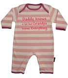 Romper pink/white 6-12 months 'Daddy knows a lot but Grandpa knows Everything'