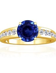 14K Yellow Gold Round Cut Blue Sapphire Ring With Sidestones (GIA Certificate)