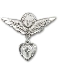 Sterling Silver Baby Badge with Cross Charm and Angel with Wings Badge Pin