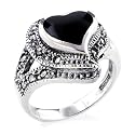 Sterling Silver Marcasite/Onyx Heart Ring - Size 5.5