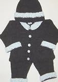 Cpk7bk, Knitted on Hand Knitting Machine Finished By Hand Crochet Black Chenille Blue Trim Infant Boys Cardigan Hat Set and Matching Blanket