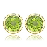 8mm Bezel Round Green Peridot August Gemstone 14k Yellow Gold Stud Earrings
