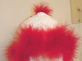 Bh6rw, Hand Crocheted Red Chenille Hat with White Maribou Feather and Earflap for Infants and Todlers.