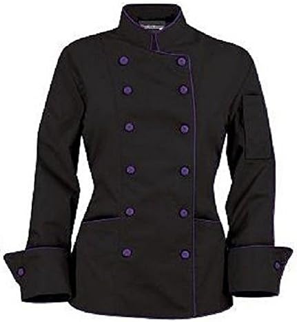 Long Sleeves Women's Ladies Chef's Coat Black with contrast button Jacket (L (For Bust 39-41), Black with Purple Button)