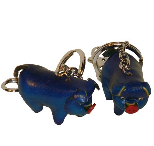 Leather Piggy Key Chain/bag Charm, a Pair Set (Two Blue Piggy),Lovely Hand Craft Item. Unique!