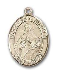 Large Detailed Mens 14kt Solid Gold Pendant Saint St. Maria Goretti Medal 1 x 3/4 Inches Teenage Girls-7208- Comes with a Black velvet Box
