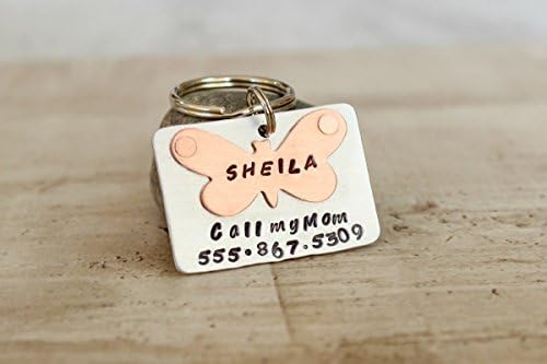Butterfly pet tag or key chain made from copper and silver aluminum. Hand stamped never engraved and personalized with your info