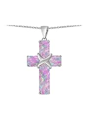 Original Star K (tm) Large Christian Cross Pendant with Emerald Cut Created Pink Opal Stones in 925 Sterling Silver