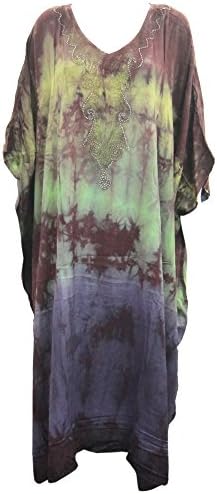 Boho Kaftan Caftans Green Brown Tie Dye Embroidered Womans Patio Maxi Dress Plus Size