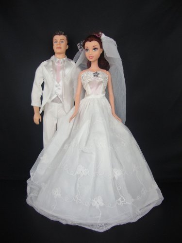 411EsyVTlKL White Wedding Dress and White Tuxedo Set Made to Fit the Barbie and Ken Dolls