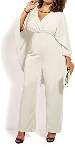 Plus Size Women Chiffon Deep V Jumpsuit Club Sexy Cape Bodysuit Romper (2XL, white)