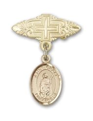 14K Gold Baby Badge with St. Grace Charm and Badge Pin with Cross