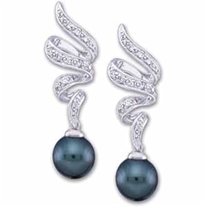 14kt White Gold Black Pearl and Spiral Diamond Earrings
