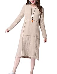 Long Sleeves Cotton/Linen Slit Midi Dress 