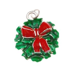 Silver Plated, Enameled, Christmas Wreath Charm, Qty.1