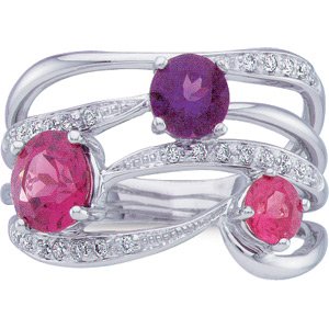 05.00 Mm/ 1/8 CT TW 14K White Gold Genuine Amethyst,Rhodolite Garnet,Pink Tournamline And Diamond Ring