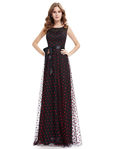 Ever Pretty　レディース　ラウンドネック　ノースリーブ　ハイウエスト　リボン付き　ドット柄　　パーティー　イブニングドレス　披露宴ドレス　結婚式　二次会ロングドレス　08753