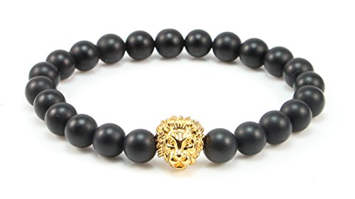 Zenger mens 18kt gold plated lion with matte agate bead…