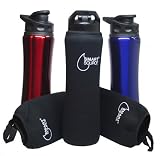 Smart Source Stainless Steel Water Bottles – 3 Pack (Red, Silver, Blue) with 3 Neoprene Sleeves in Black Stainless Steel Sports Water Bottle