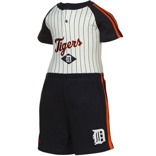 Majestic Detroit Tigers White Pinstripe-Navy Blue Creeper & Shorts Set (12 Months)