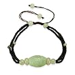 Natural Grade A Jadeite Jade Hand Carved Longevity Charm Scroll and Black Onyx Beads Adjustable Brown Cord Bracelet