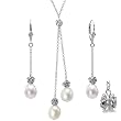 White Isabella Cultured Pearl Drop Rose Lariat and Dangle Earrings Set in Platinum Overlay CAREFREE Sterling Silver