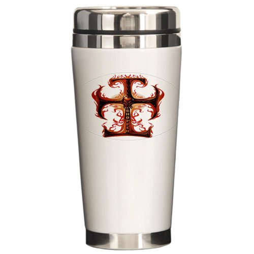 Ceramic Travel Drink Mug Chopper Cross With Flames