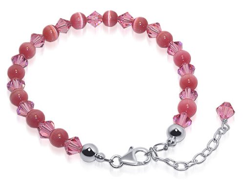 Sterling Silver Sparkling Pink Cats Eye & Swarovski Crystal 7 7.5 8 8.5 9 Adjustable Bracelet With Lobster Clasp